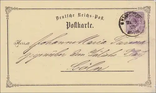 Postkarte von Hannover nach Köln - Drogist - Drogenhandlung 1875