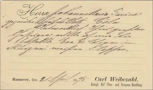 Carte postale de Hanovre à Cologne - Drogist - trafic de drogue 1875