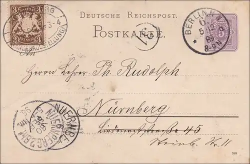 Ganzsache von Berlin nach Nürnberg 1889