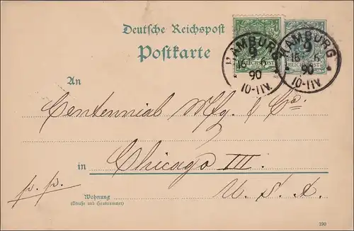 Carton postale complète de Hambourg à Chicago en 1890, Signé Zenker BPP