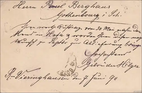 Brief Remscheid-Viesringhausen nach Göteburg (Schweden) 1890, Sign. Zenker BPP
