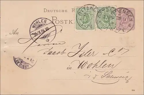 Ganzsache von Ottensen nach Wohlen/Schweiz 1884