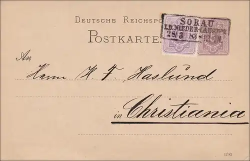 Ganzsache von Sorau nach Christiania 1883