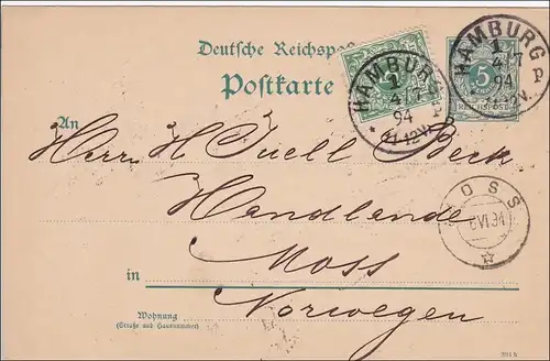 Ganzsache von Hamburg nach Norwegen 1894