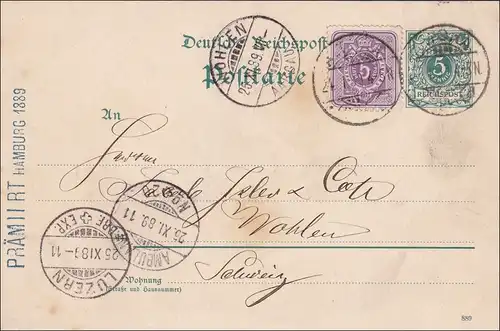 Ganzsache von Wohlen in die Schweiz 1889