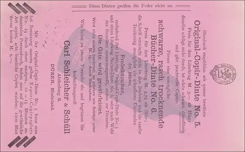Carte publicitaire Düren vers Moravie à l'usine sucrière avec publicité pour l 'encre de livre 1888