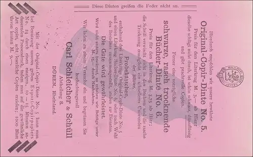 Werbekarte Düren nach Mähren an Zuckerfabrik mit Werbung für Buch-Tinte 1888