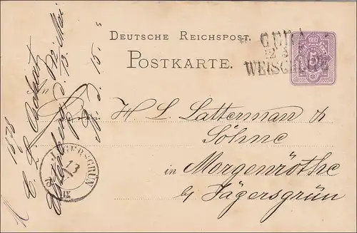 Ganzsache von Gera nach Morgenröthe Jägergrün 1878