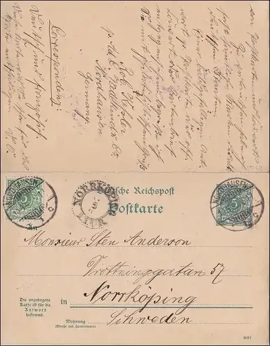 Ganzsache von Nordhausen nach Schweden 1896
