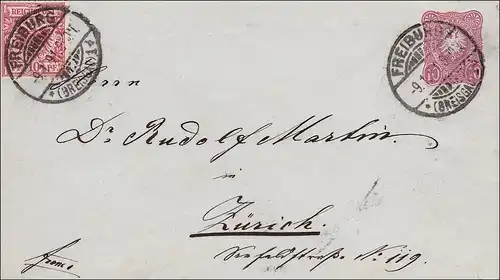 Ganzsache von Freiburg nach Zürich 1891