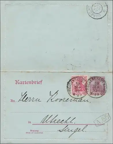 Carte de Freudenstadt vers Utrecht 1902
