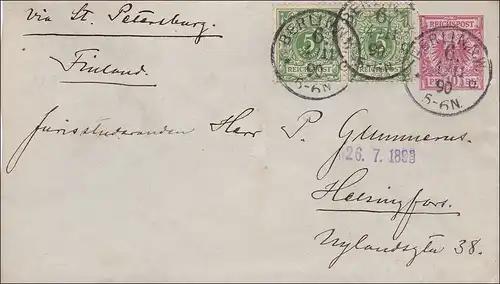 Ganzsachenumschlag von Berlin nach Finland über St. Petersburg 1890