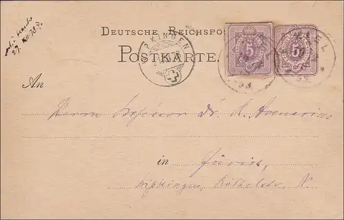 Ganzsache von Kiel in die Schweiz 1878