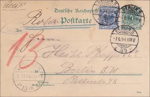 1894: Ganzsache von Berlin nach Berlin - Rohrpost