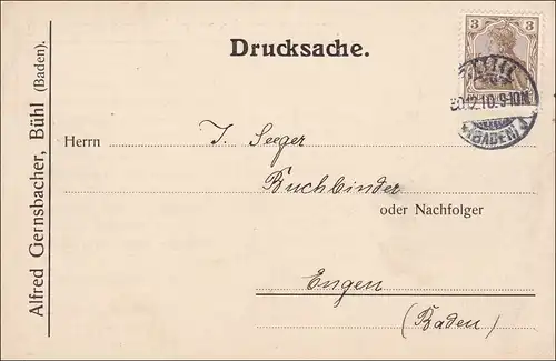 Germania: Des imprimés CarteBühl/Baden-Engen 1910: Offre Câbles de colis postaux
