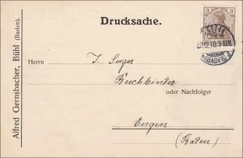 Germania: Des imprimés CarteBühl/Baden-Engen 1910: Offre Câbles de colis postaux