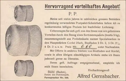 Germania: Drucksachen KarteBühl/Baden-Engen 1910: Angebot Postpaket-Schnürfaden