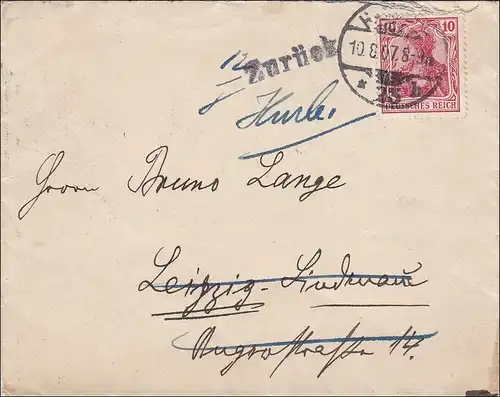 Germania: Lettre de Hambourg à Leipzig et retour 1907