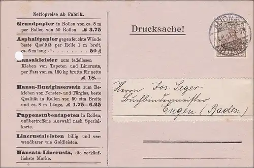 Germania: Carte postale Cause d'impression Altona -Engen 1911, papier peint/poupées papier d ' papier papier