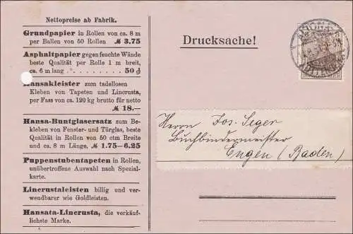 Germania: Postkarte Drucksache Altona -Engen 1911, Tapeten/Puppenstuben Tapeten