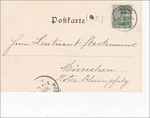 Germania: Carte postale de Hambourg (Deiichstrassenfest) vers Munich 1900, Perfin