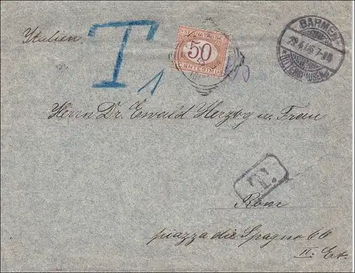 Germania: Brief von Barmen nach Rom mit Nach-Taxe 1906