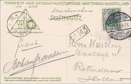 Germania: Carte de vue Mannheim 1907: Internat. Kunstsaufsbörden vers Rotterdam