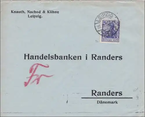 Germania: Brief von Leipzig nach Randers in Dänemark 1915