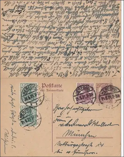 Germania: Postkarte Antwort P117 von Herford nach München und zurück 1921