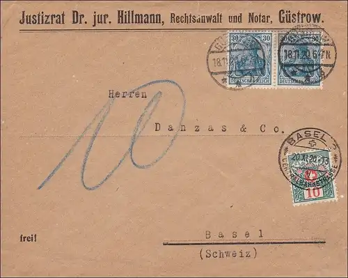 Germania: Brief Justitzrat von Güstrow nach Basel 1920 - Nachgebühr