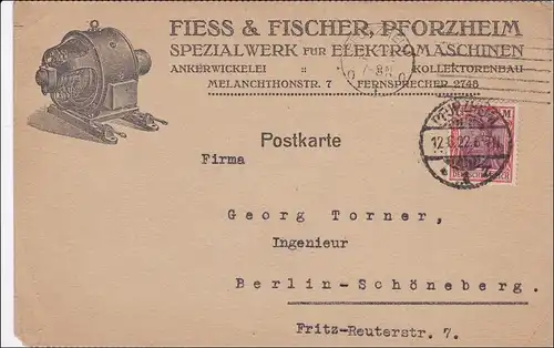 Germania: Postkarte von Pforzheim nach Berlin: Bestellung Maschine 1922