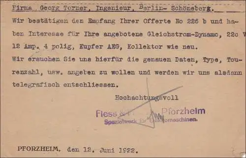Germania: Carte postale de Pforzheim à Berlin: Commander Machine 1922