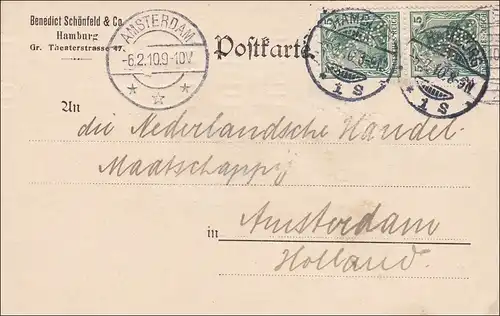 Germania: Carte postale de Hambourg à Amsterdam en 1910, timbres perforés