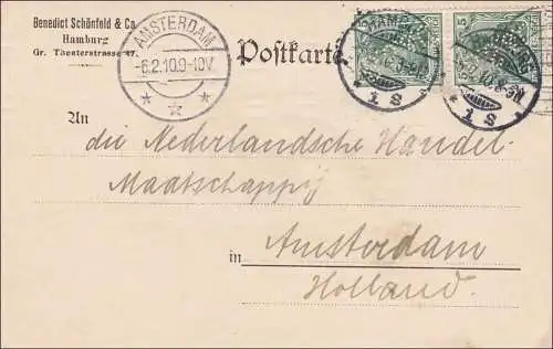 Germania: Postkarte von Hamburg nach Amsterdam 1910, Marken gelocht