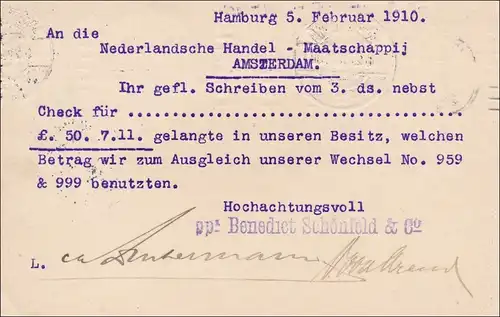 Germania: Postkarte von Hamburg nach Amsterdam 1910, Marken gelocht