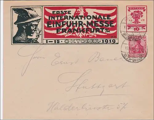 Germania: Enveloppe complète du salon international Francfort 1919 vers Stuttgart