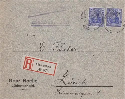 Germania: Brief von Lüdenscheid nach Zürich als Einschreiben, Marken gelocht