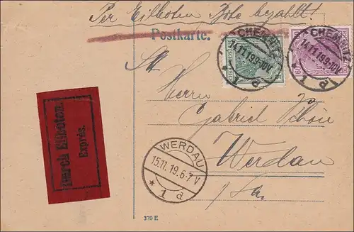 Germania: Carte postale Eilboten von Chenitz vers Werdau 1919