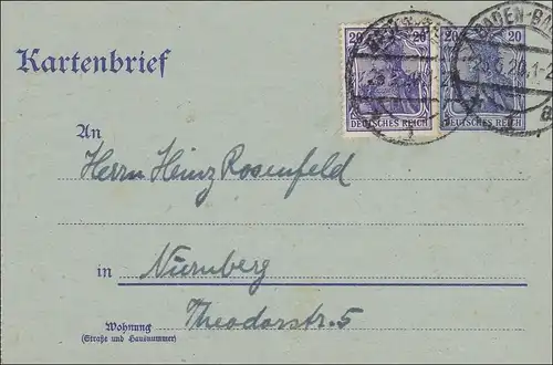 Germania: Kartenbrief von Baden-Baden nach Nürnberg - Ganzsache 1920