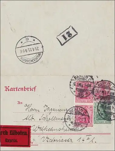 Germania: Lettre de carte Cause complète de Berlin à Wilhelmshaven comme messager éolien 1915