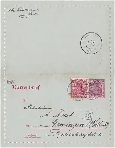 Germania: Kartenbrief Ganzsache von Jena nach Groningen Holland 1904