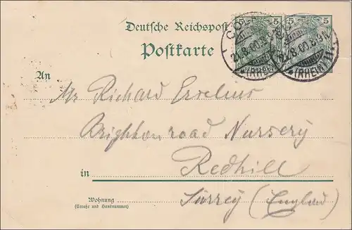 Germania: Ganzsache Postkarte von Köln nach  England 1900