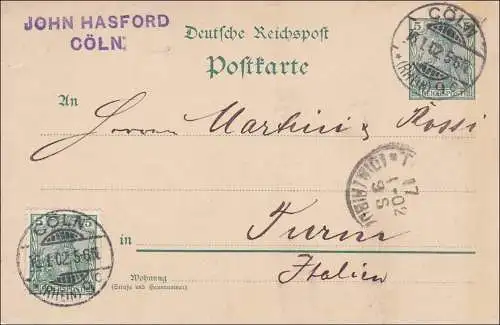 Germania: Ganzsache Postkarte von Köln nach Italien 1902