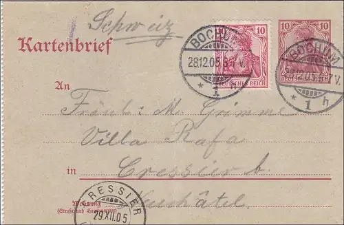 Germania: Ganzsache Postkarte von Bochum in die Schweiz 1905