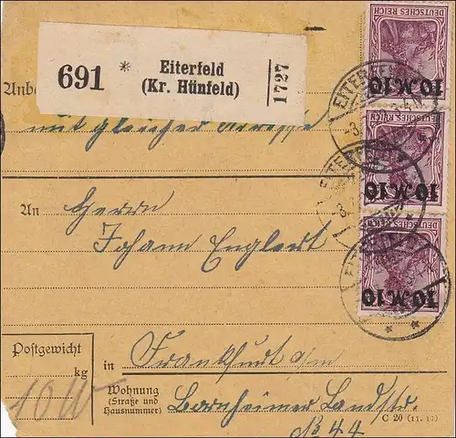 Germania: Carte de paquet Eiterfeld-Francfort1922, MiNr. 157 II, MeF,sign. Infla