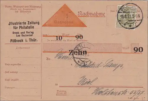Germania: Achat de la carte postale Philateliezeitung Pößneg Thüringen da Kiel 1921