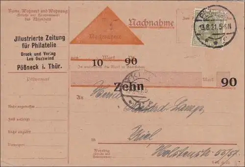 Germania: Nachnahme Postkarte Philateliezeitung Pößneg Thüringen nach Kiel 1921