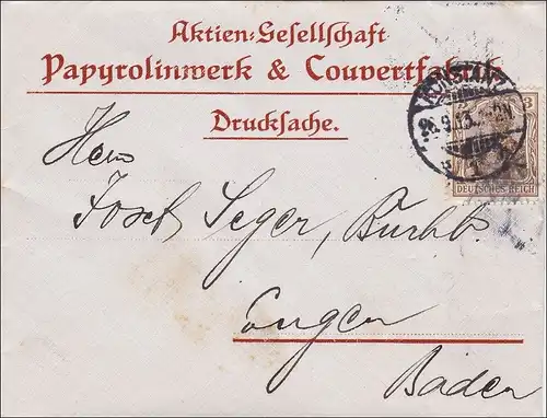 Germania: C'est une impression de la lettre Papyrolinwerk vers Engen 1913