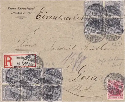 Germania: Einschreibe Brief von Dresden nach Gera 1908