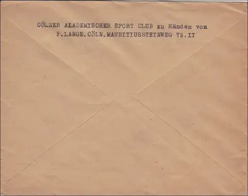Germania: Brief Kölner Akademischen Sport Club nach Hallos - geprüft